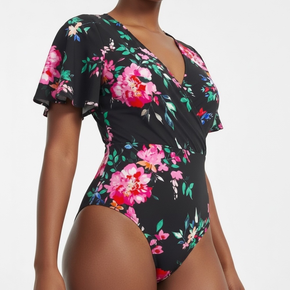 Express Black & Floral V-Neck Bodysuit Size Small- NWOT